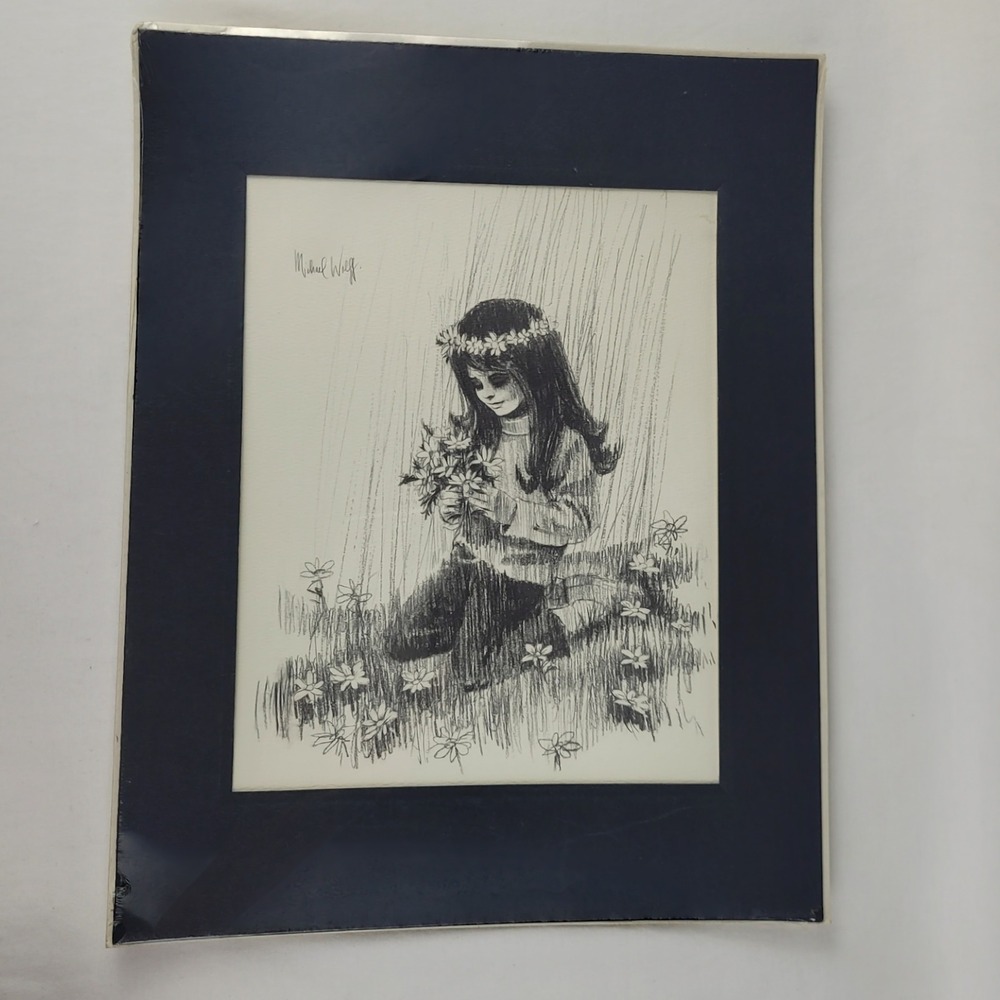 Vintage Michael Wolf Girl with Flower Crown Daisy Field Charcoal Sketch 11x14